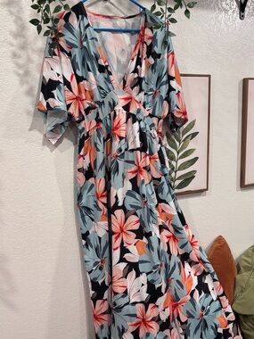 Floral Maxi Dress with Blue and Coral Blooms